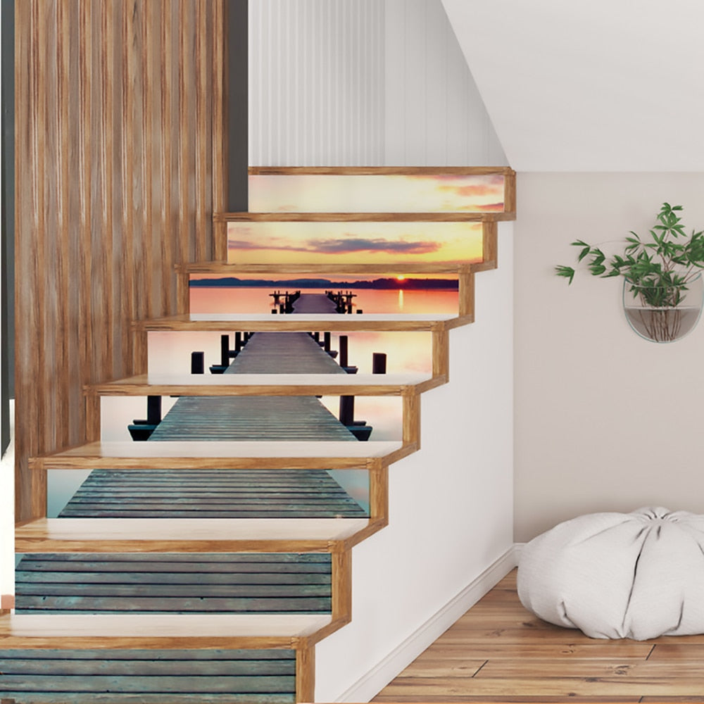Fashion 12piece installation stair sticker, promenade, sunset, ocean, waterfall, street style waterproof can remove stair sticker JF5602 Single sheet layout size:97 * 17cm(Approx.)
