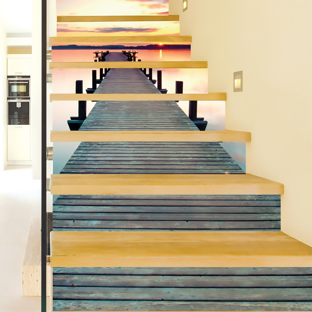 Fashion 12piece installation stair sticker, promenade, sunset, ocean, waterfall, street style waterproof can remove stair sticker JF5602 Single sheet layout size:97 * 17cm(Approx.)