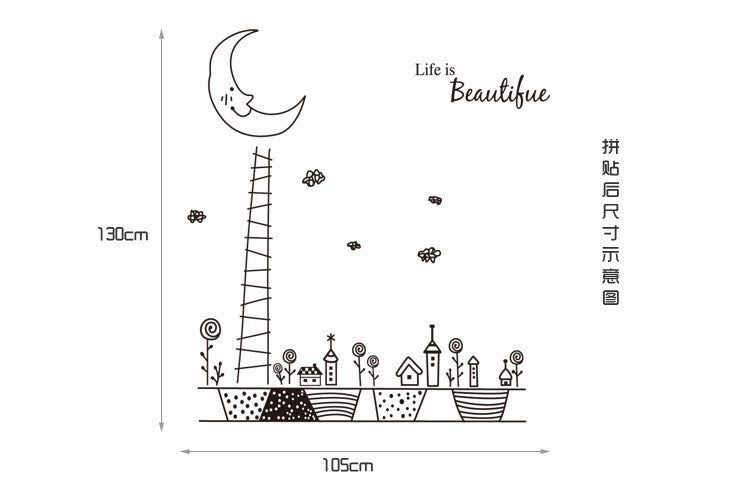 New arrived cartoon fairy tale night sky background Removable pvc english letter Life is Beautiful Wall Sticker JM7101A