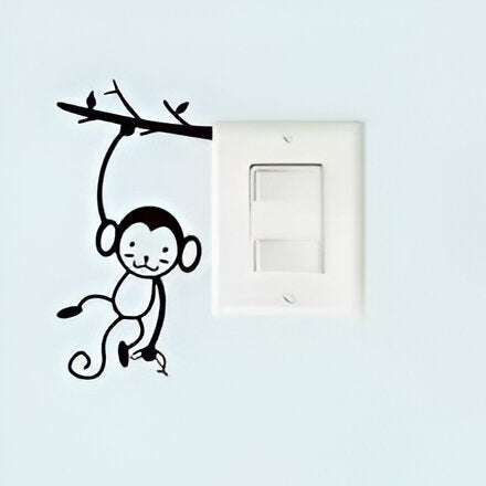 Black Cute Monkey Hanging Tree Branch Switch Sticker For Home Decor Vinyl Living Room Background Decals Cartoon Wall Stickers