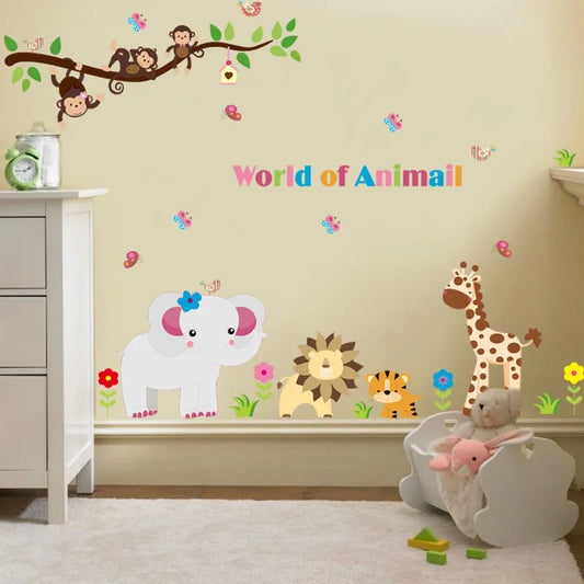 Jungle wild monkey tiger lion elephant zoo wall sticker for kids room 9052 decorative pvc wall decal - AliExpress