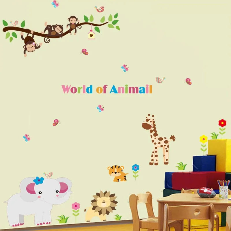 Jungle wild monkey tiger lion elephant zoo wall sticker for kids room 9052 decorative pvc wall decal - AliExpress