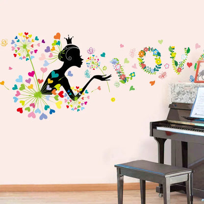 Loving heart Dandelion Girl wall stickers PVC Material Art wall poster for Living room bedroom kids room wall decoration sticker