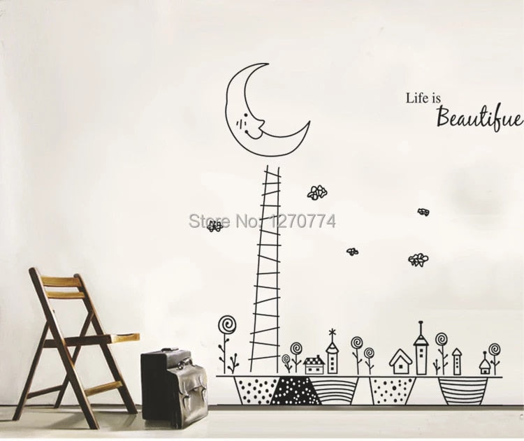 New arrived cartoon fairy tale night sky background Removable pvc english letter Life is Beautiful Wall Sticker JM7101A