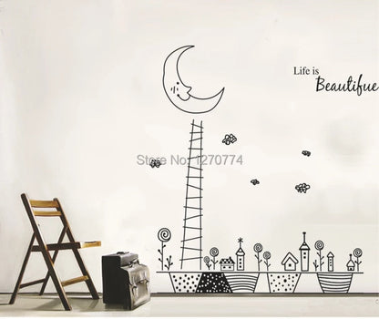 New arrived cartoon fairy tale night sky background Removable pvc english letter Life is Beautiful Wall Sticker JM7101A