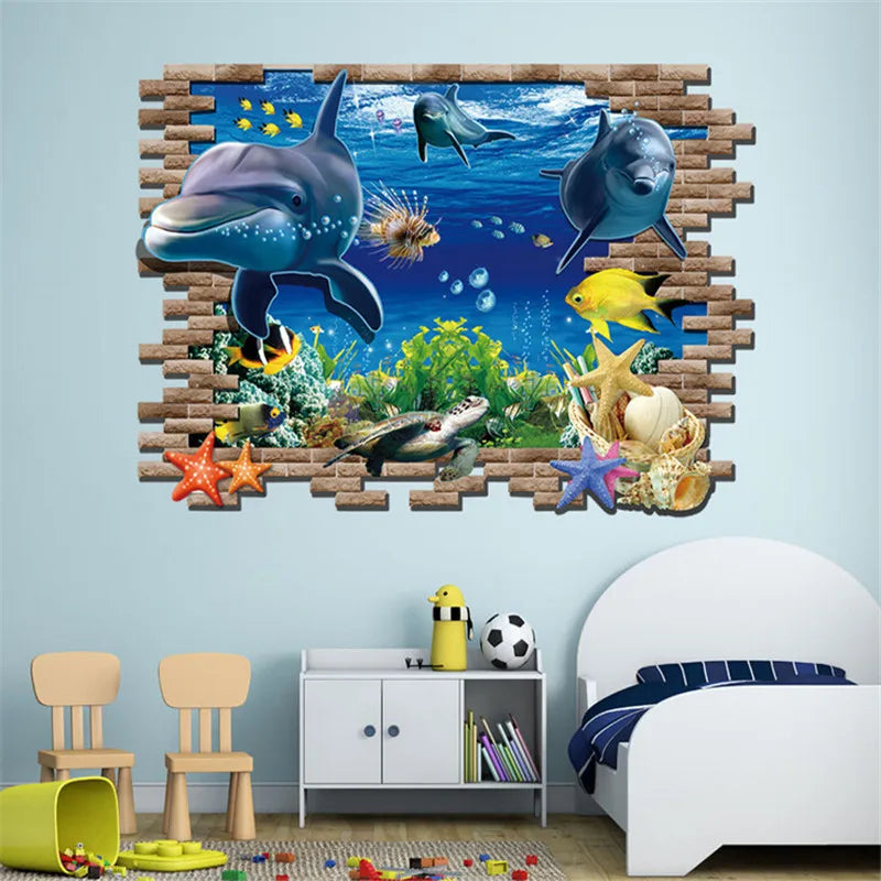 1PC Waterproof 3D Wall Stickers Sea Whale Fish PVC Removable Wallpaper Decals for Kids Room Bathroom Decor