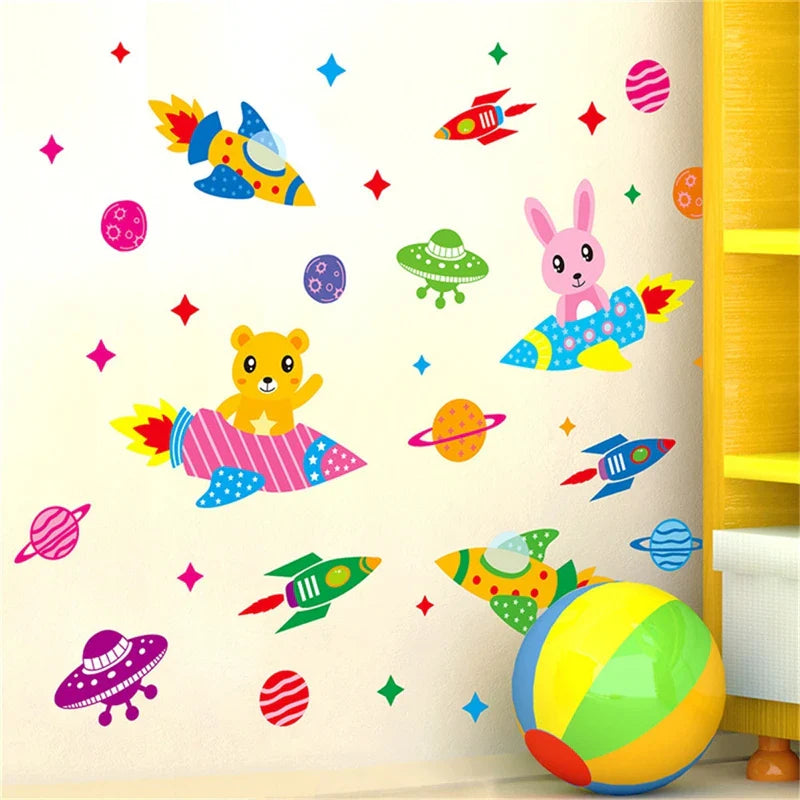 Raum astronaut cartoon wand sticker kinder zimmer weltraum planeten galaxy rakete schiff aufkleber dekorative wand hintergründe diy - AliExpress 15