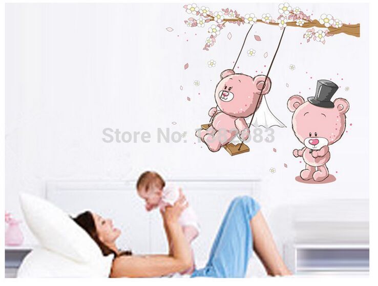 CUTE Teddy Bear Play on the Swing Room Decor Cartoon Wall Decals JM7234