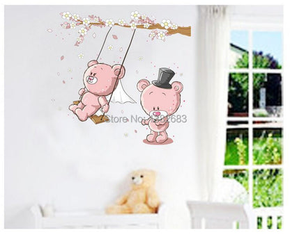 CUTE Teddy Bear Play on the Swing Room Decor Cartoon Wall Decals JM7234