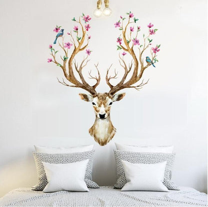 SK9003b DIY Sika Deer Head Flowers Wall stickers For Living Room Art Vinyl Wall Decals For Kids Baby Home Decor