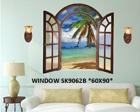 3D Wall Sticker SK9062B Fake Window Blue Sea View European Style Bedroom Living Room Entrance Decoration Self-adhesive Wall Sticker