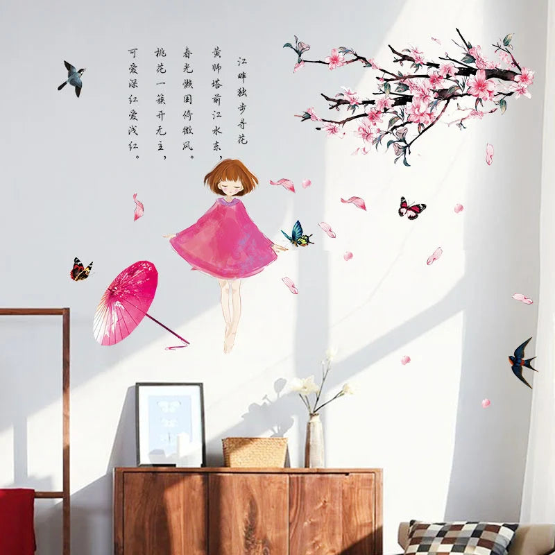 Sk7157 Peach Blossom Girl Wall Sticker