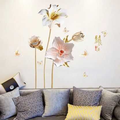 Flower Wall Sticker Adhesive Wallpaper Living Room Wall Decor Stickers90X60CM PVC Removable 3DButterfly Flower Wall Sticker