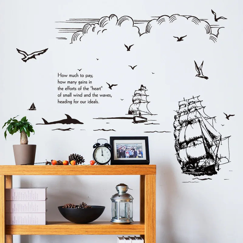 Black Beach Sea Sailboat Lighthouse Birds Wall Sticker Vinyl DIY Mural Art for Living Room Decor