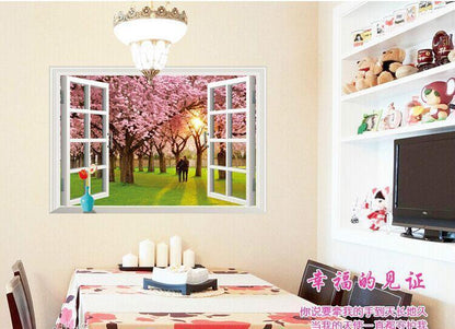 Wall Sticker ay9234e romantic sunset landscape cherry tree 3d fake window stickers wall decor wall stickers for kids rooms
