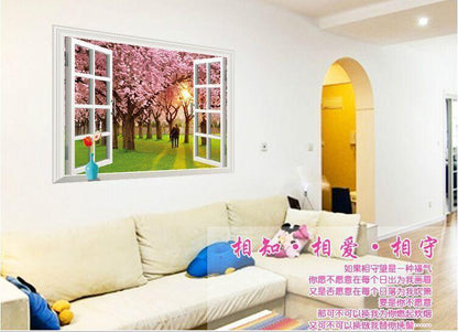 Wall Sticker ay9234e romantic sunset landscape cherry tree 3d fake window stickers wall decor wall stickers for kids rooms