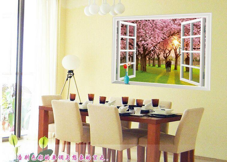 Wall Sticker ay9234e romantic sunset landscape cherry tree 3d fake window stickers wall decor wall stickers for kids rooms
