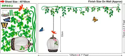 Flower & Green leaves with birdcage & Butterfly Removable Sticker