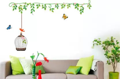 Flower & Green leaves with birdcage & Butterfly Removable Sticker