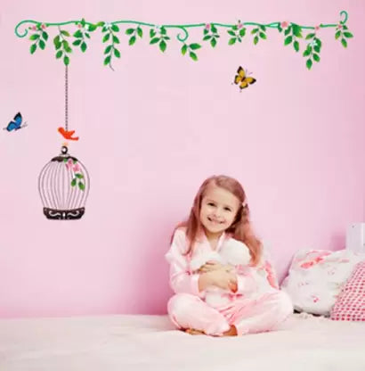 Flower & Green leaves with birdcage & Butterfly Removable Sticker