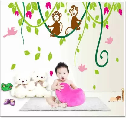 Doumaishop Lp Cartoon Dream Wall Stickers Little Monkeys Tree Wall Stickers Kids Room Home Decoration Nursery Monkey Bird Wallpaper Ay9012
