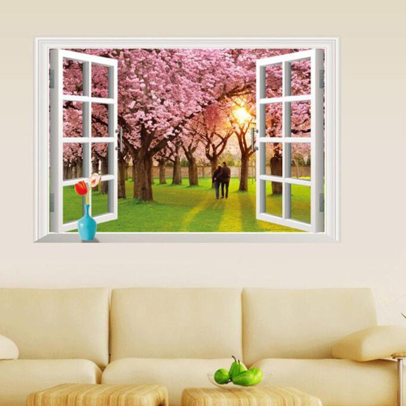 Wall Sticker ay9234e romantic sunset landscape cherry tree 3d fake window stickers wall decor wall stickers for kids rooms