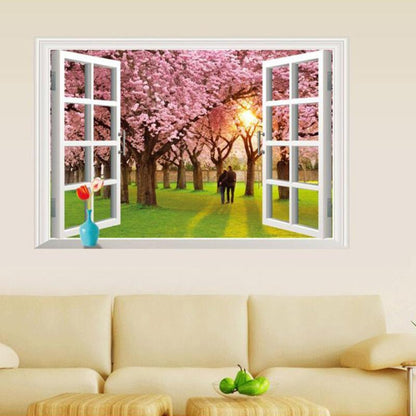 Wall Sticker ay9234e romantic sunset landscape cherry tree 3d fake window stickers wall decor wall stickers for kids rooms