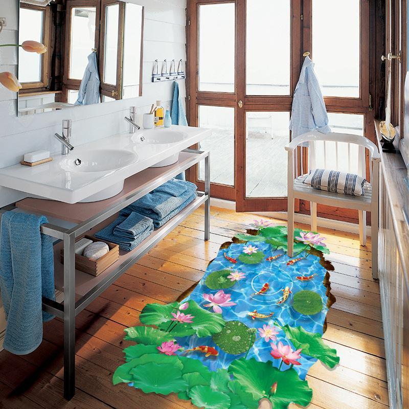 Creative 3D Lotus Pond Vinyl Wall Stickers Funny Art Wall Mural Floor Decals for Kids Rooms Bedroom Bathroom Waterproof XL8305