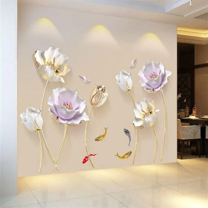 Runtoo 3D Flower Wall Stickers Gold Lotus Floral Wall Art Decals for Living Room Bedroom TV Background Wall Decor GS9720  Size: 60x90cm