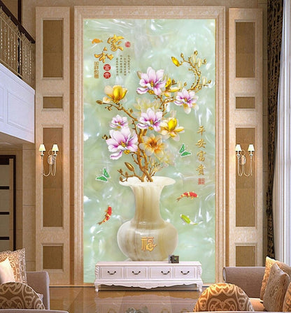 Kitchen Wall Decor Safe and Wealthy Vase Jade Carved for Living Room Bedrooms Tv Background 3D Wall Art Decoration Modern Design GS9666 Size: 60X90cm