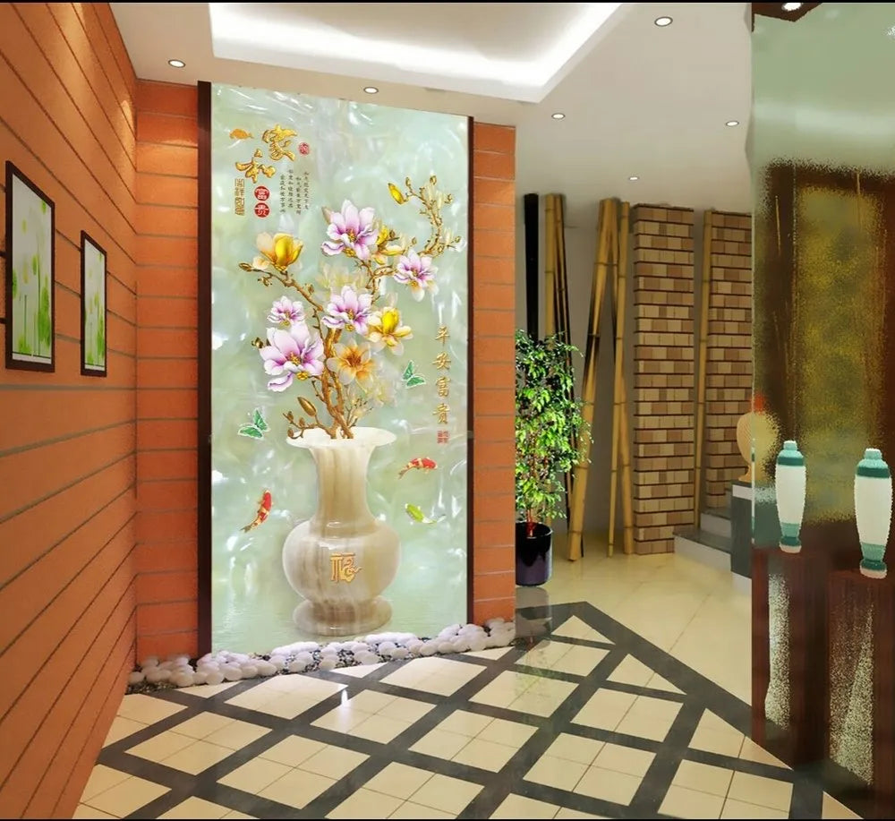 Kitchen Wall Decor Safe and Wealthy Vase Jade Carved for Living Room Bedrooms Tv Background 3D Wall Art Decoration Modern Design GS9666 Size: 60X90cm