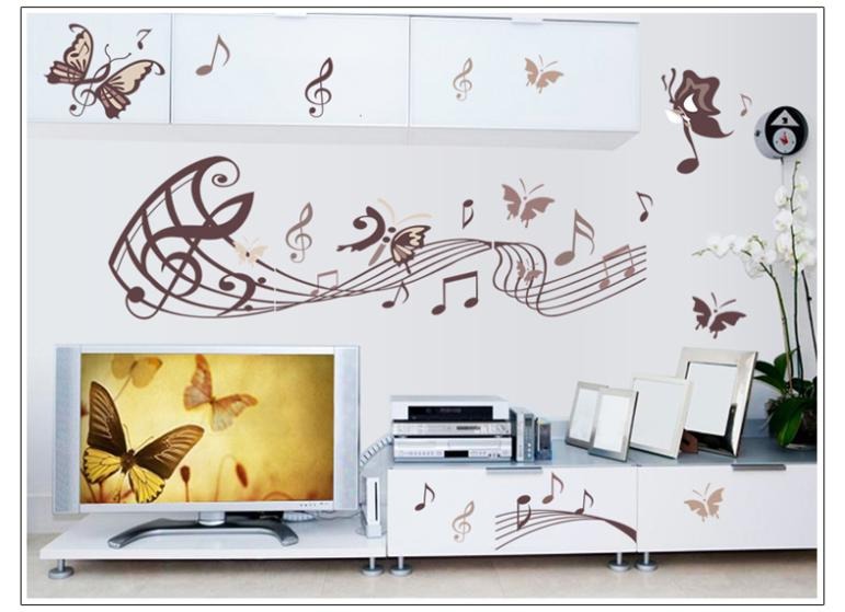 Musical Butterfly Wall Sticker Black Music Notes Wall Paper PV Home Wall Art Decor Self