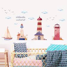 HM92019 Watercolor Lighthouse Wall Stickers Sailing Clouds Wall Sticker