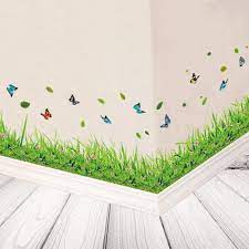 XL7180 Supzone Green Grass Wall Corner Decals Flower Butterfly Baseboard Skirting Line Wall Art Sticker for Bedroom Living Room Kitchen Wall Decor Home Decoration
