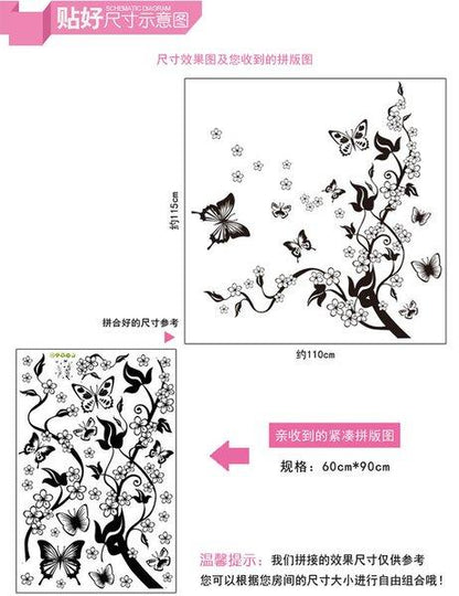 AY9124 Black Butterfly Flower rattan DIY Removable Wall Stickers Living Room TV/Sofa Background Wall Stickers