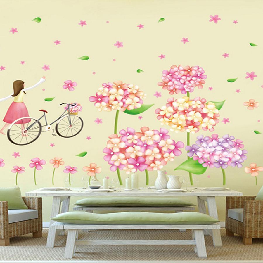 XL8215 cute flowers bicycle girl wall stickers for kids rooms nursery baby bedroom children art wall decals home decorations