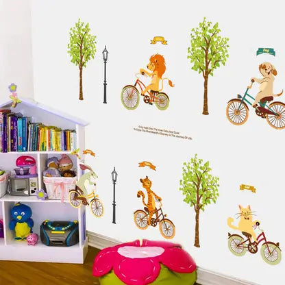 Ampire 120 cm Wall Stickers Cartoon Animal Kids Room Jungle Bicycle Ride Self Adhesive Sticker