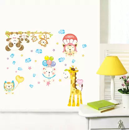 Cute Bear Monkey Giraffe Animal Under Sky Decals For Kids Room  Wall Sticker Abc1010