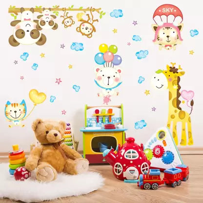 Cute Bear Monkey Giraffe Animal Under Sky Decals For Kids Room  Wall Sticker Abc1010