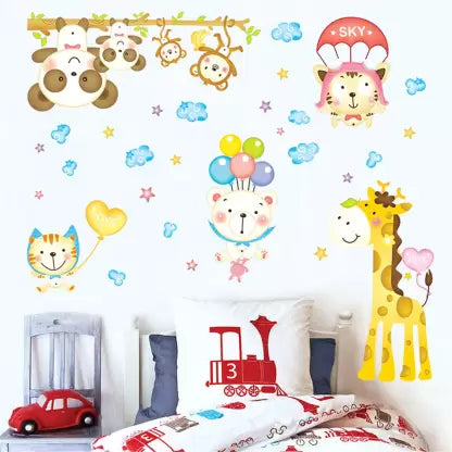 Cute Bear Monkey Giraffe Animal Under Sky Decals For Kids Room  Wall Sticker Abc1010