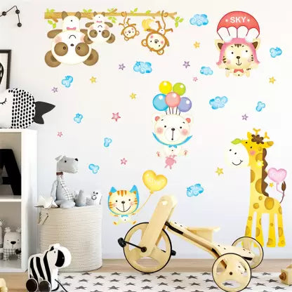 Cute Bear Monkey Giraffe Animal Under Sky Decals For Kids Room  Wall Sticker Abc1010