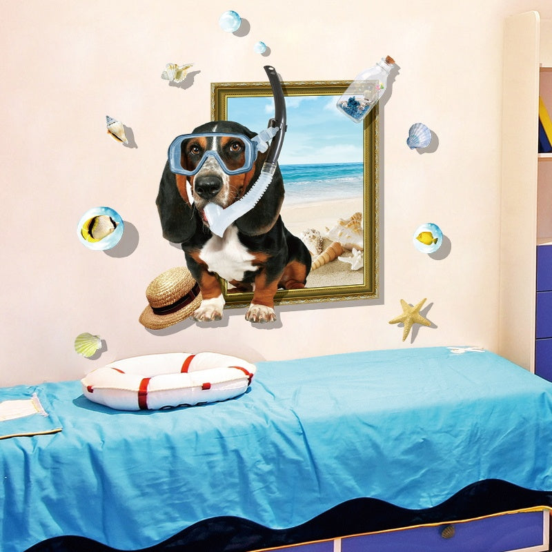 Miico Creative  Cartoon Summer Diving Dog Frame PVC Removable Home Room Decorative Wall Floor Decor Sticker Xl8313