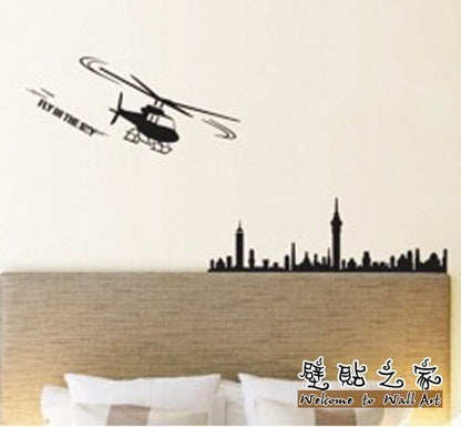 Jm8216  Wall Stickers Boys Room Helicopter Flying Black Art Self Adhesive Sticker