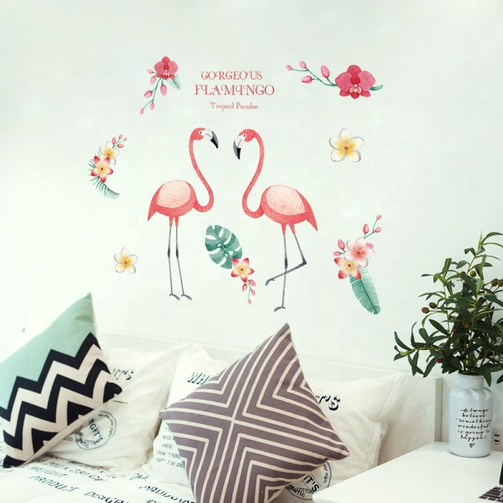 Funif Cute Flower and Flamingo Wall Stickers DIY Removable Animals Wall Decals Decorative Wall Mural Wallpaper for Bedroom Pink