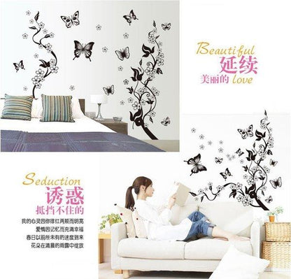 AY9124 Black Butterfly Flower rattan DIY Removable Wall Stickers Living Room TV/Sofa Background Wall Stickers