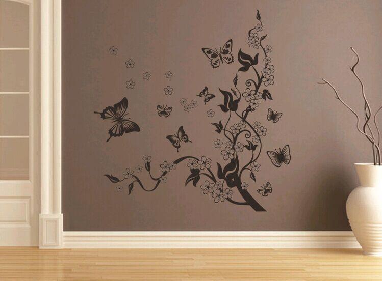AY9124 Black Butterfly Flower rattan DIY Removable Wall Stickers Living Room TV/Sofa Background Wall Stickers