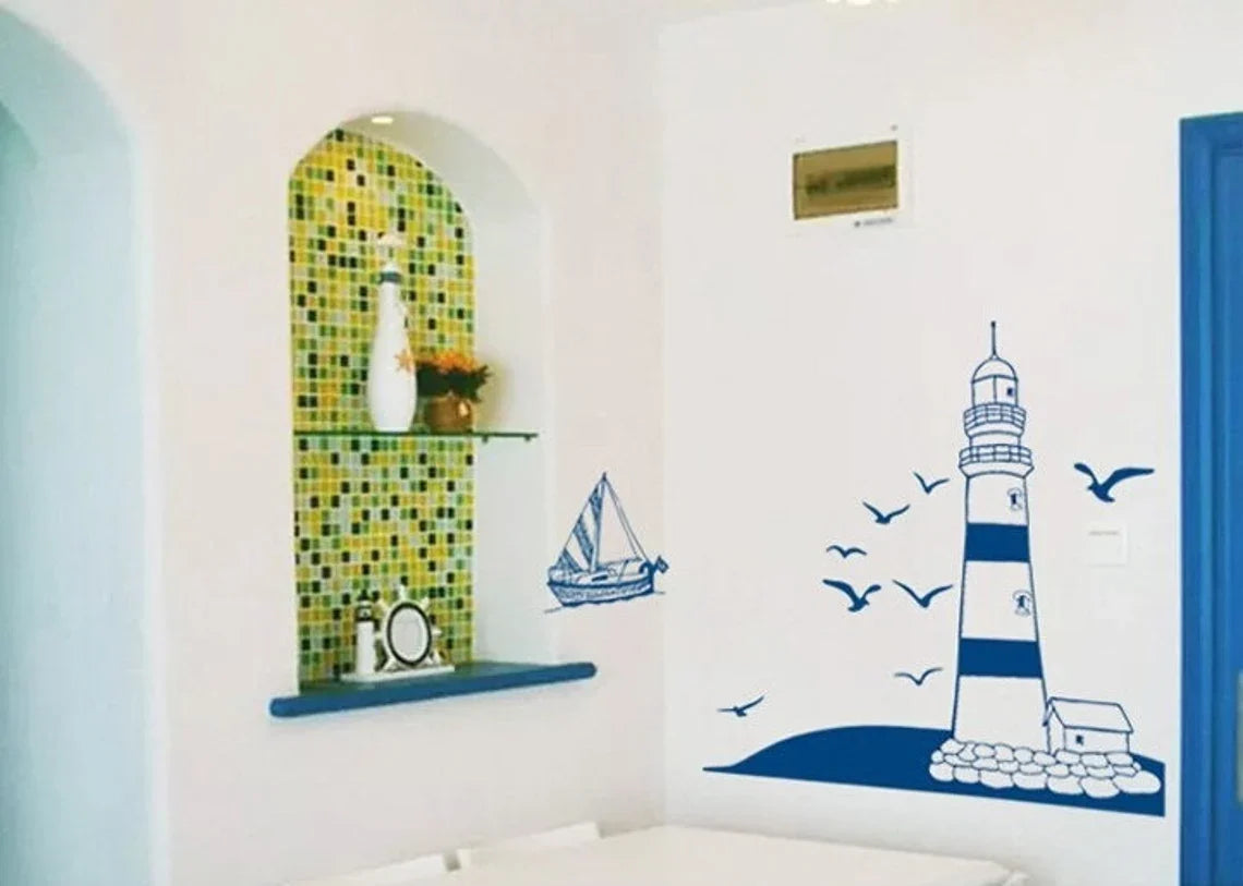 Lighthouse, Boat Wall Decal, Nautical Stickers, Ocean, Seaside, Seashore, Living Room,