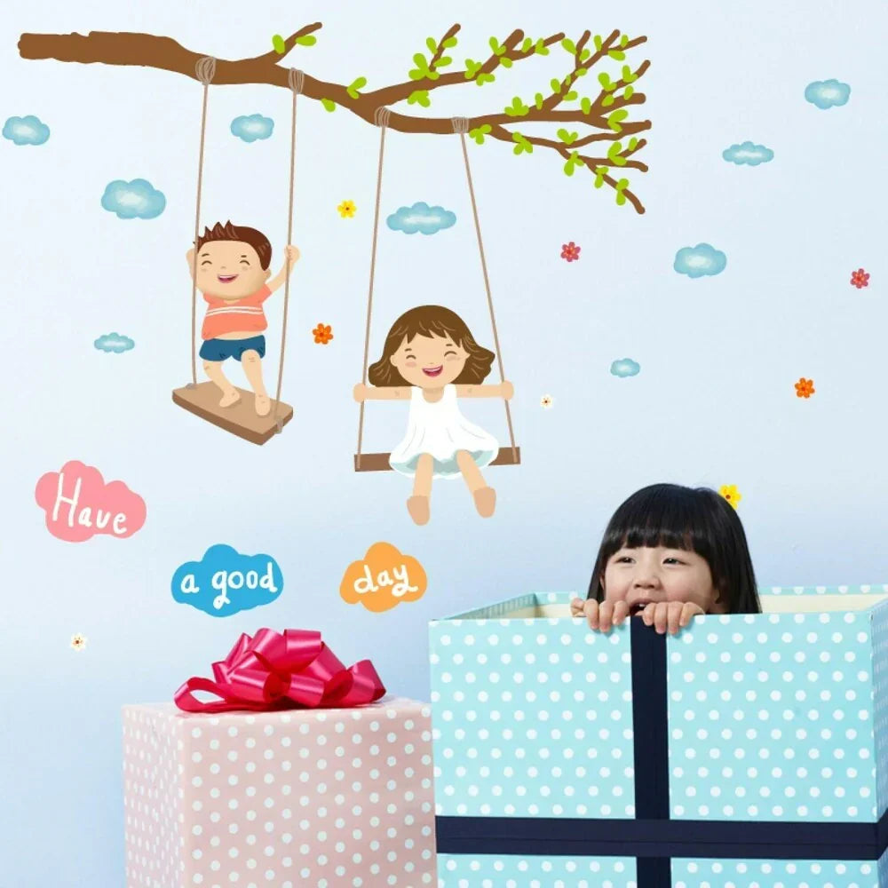 JAAMSO ROYALS Cute Baby Swing On the tree Decorative Wall Sticker size 50x70 Sk7146
