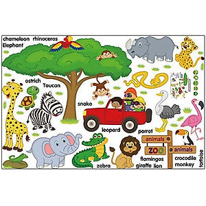 Sk9084 JAAMSO ROYALS Cute Cartoon Tree Animals Zoo English Words ' Wall Sticker (PVC Vinyl, 90 cm X 60 cm, Children's Room Décor Stickers)