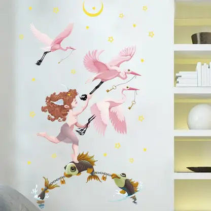 quire 65 cm Wall Stickers Cartoon Fish Cupid Flamingo Moon Kids Room Door Decor Self Adhesive Sticker  (Pack of 1)